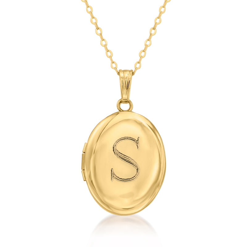 Yellow gold oval locket necklace with engraved letter S and link chain