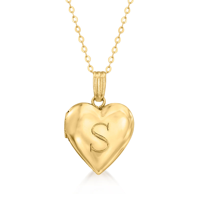 Gold heart locket necklace with initial “S” charm, hinged cover on chain