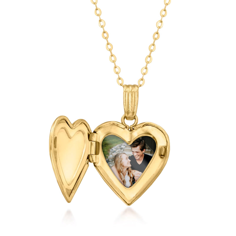 Gold heart locket necklace with open hinged photo frame showing a portrait