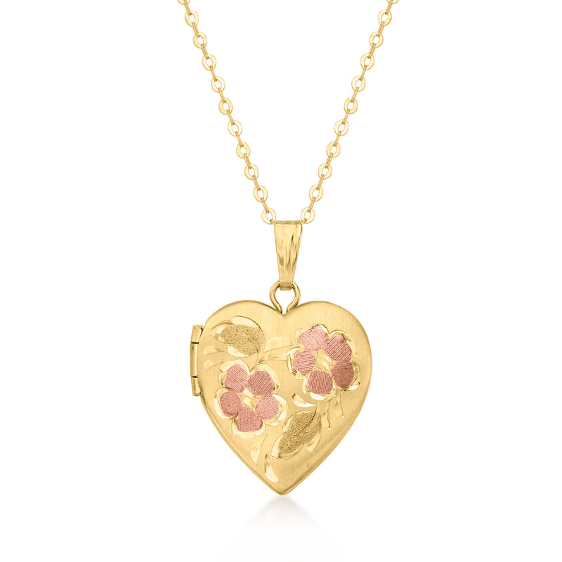 Two-tone gold heart floral locket necklace with link chain and hinged clasp