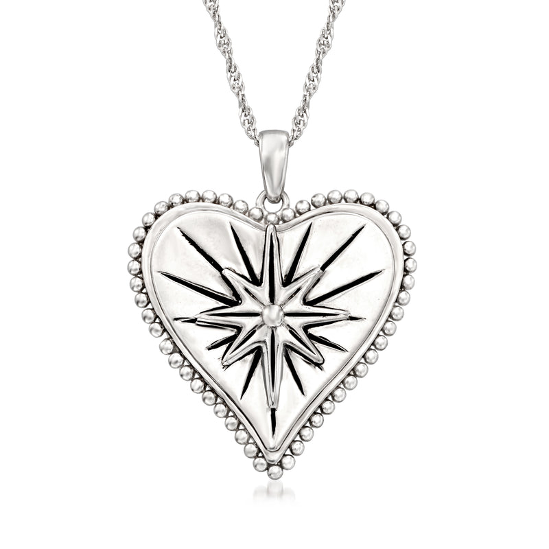 Sterling silver heart pendant necklace with north star burst design and beaded edge