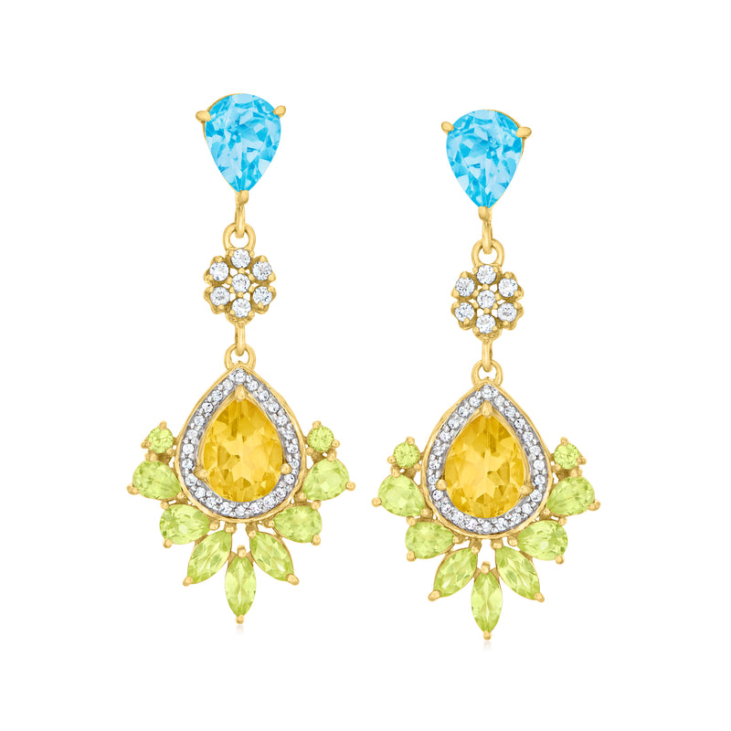 Gold drop earrings: blue top stone, yellow teardrop, green accents, white halo