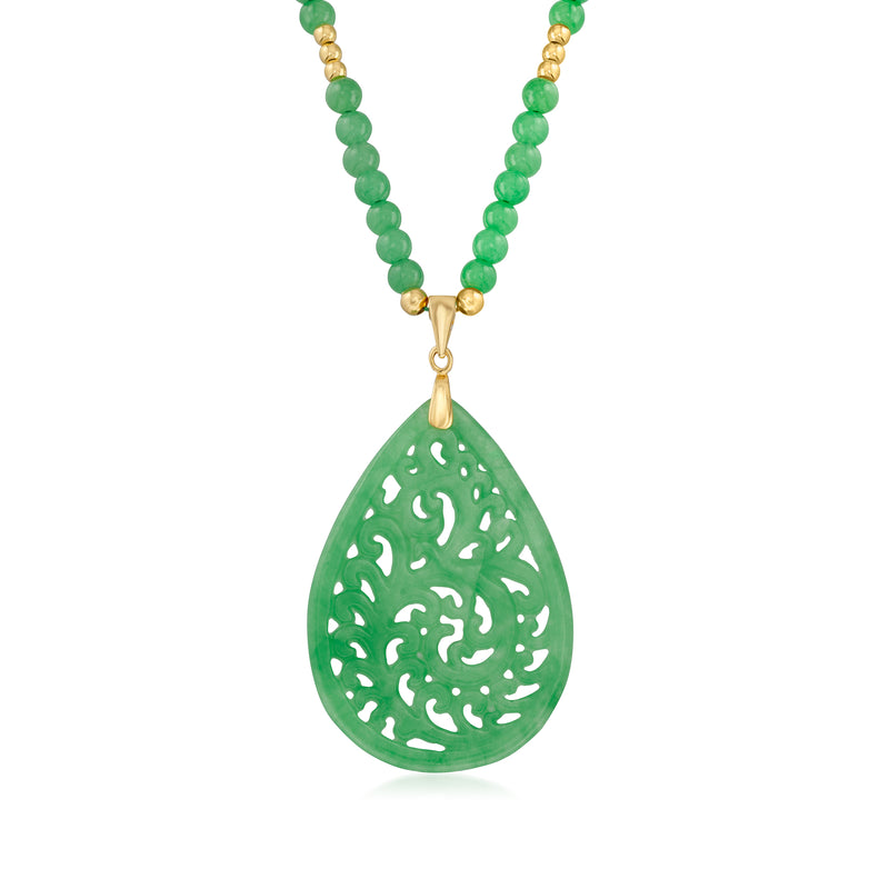 Green jade beaded necklace with 18kt gold-plated teardrop pendant