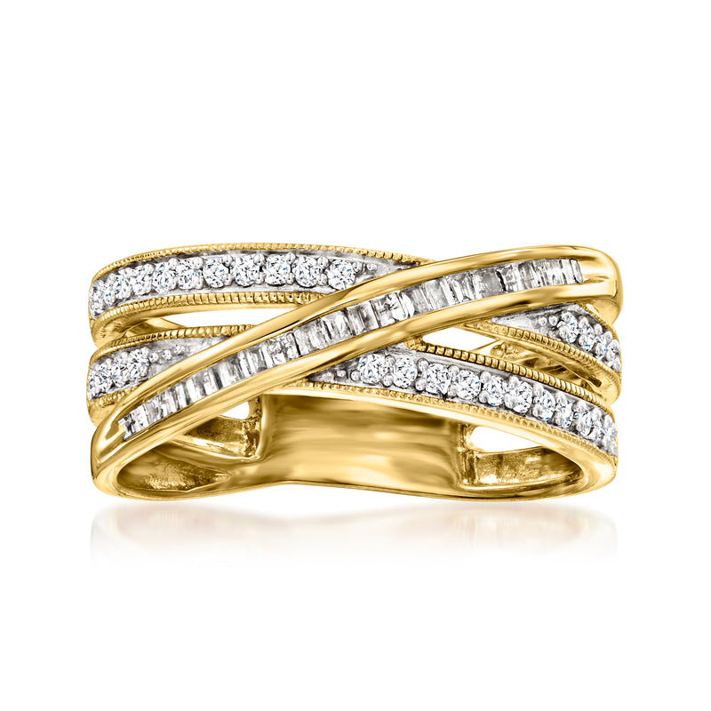 Diamond crisscross ring in gold over sterling with baguette and pavé stones