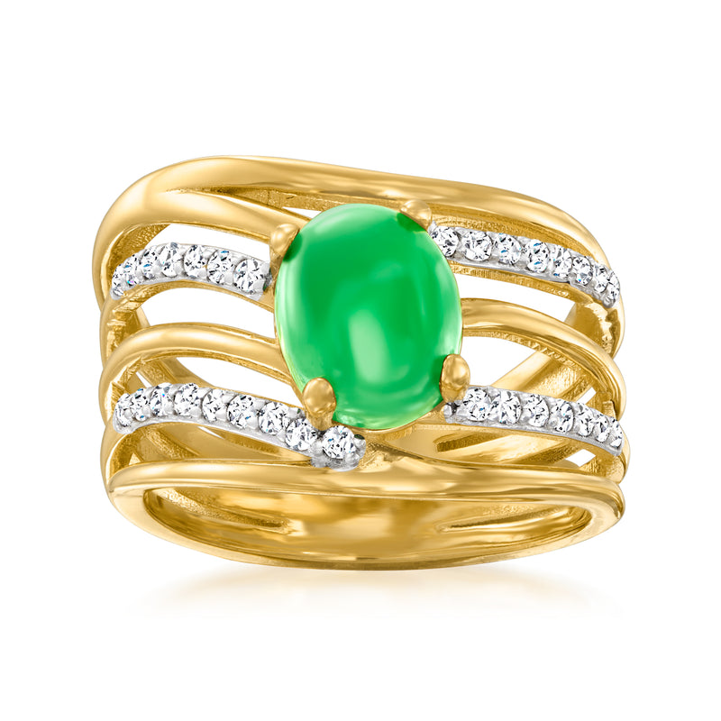 Gold multi-row ring with oval green gemstone center and white zircon accents