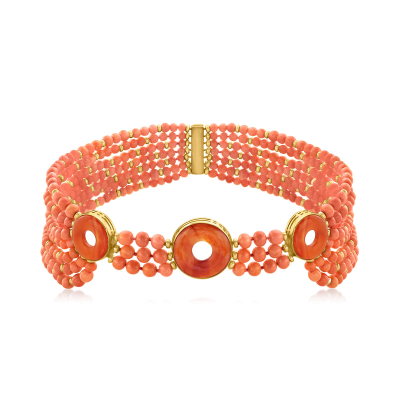 Vintage red coral bead necklace with gold clasp and round red gemstone center