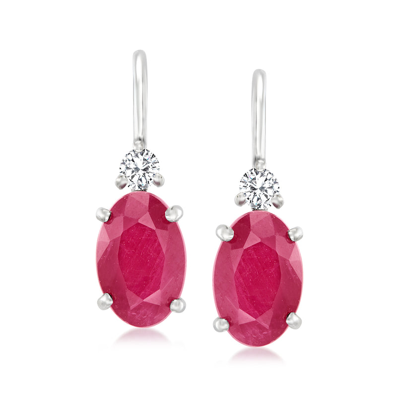 Ruby and diamond drop earrings in 14kt white gold, oval ruby with round diamond accents