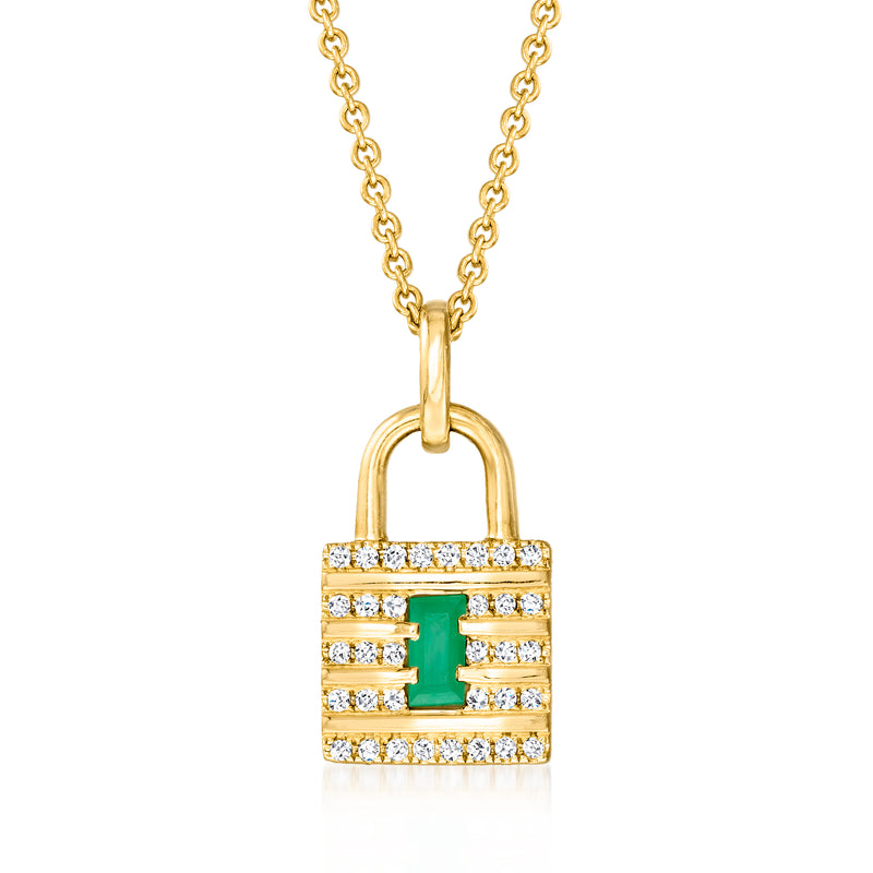 18kt gold over sterling lock pendant necklace with emerald center and diamond accents