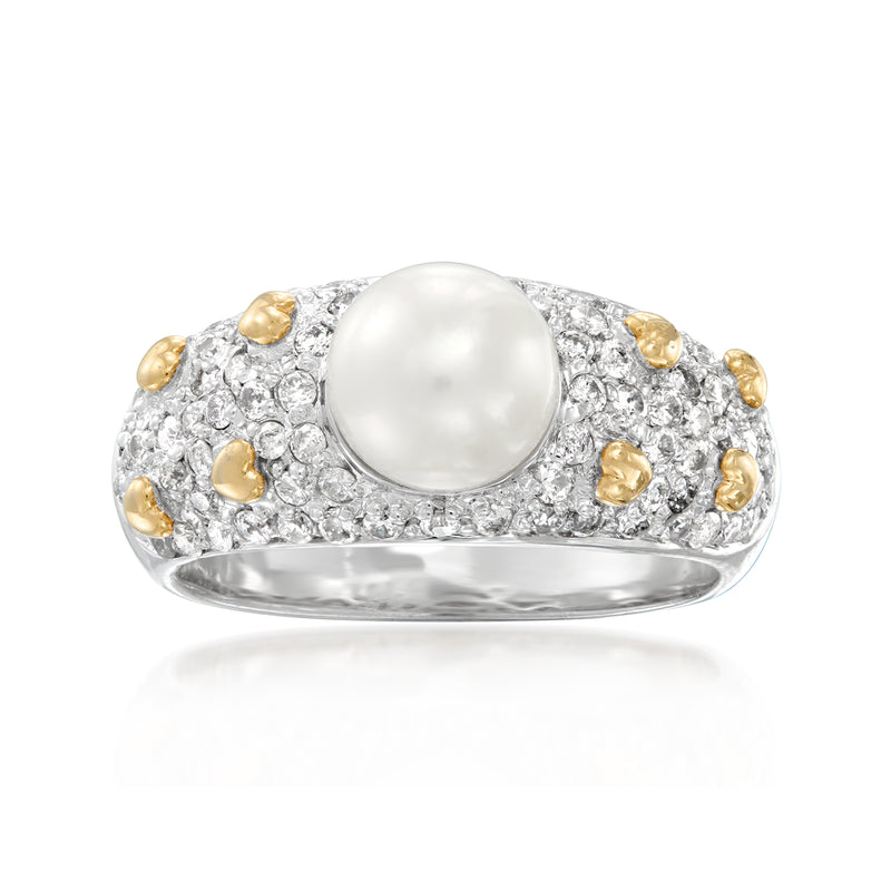 Cultured pearl and diamond heart ring in white gold with gold heart accents