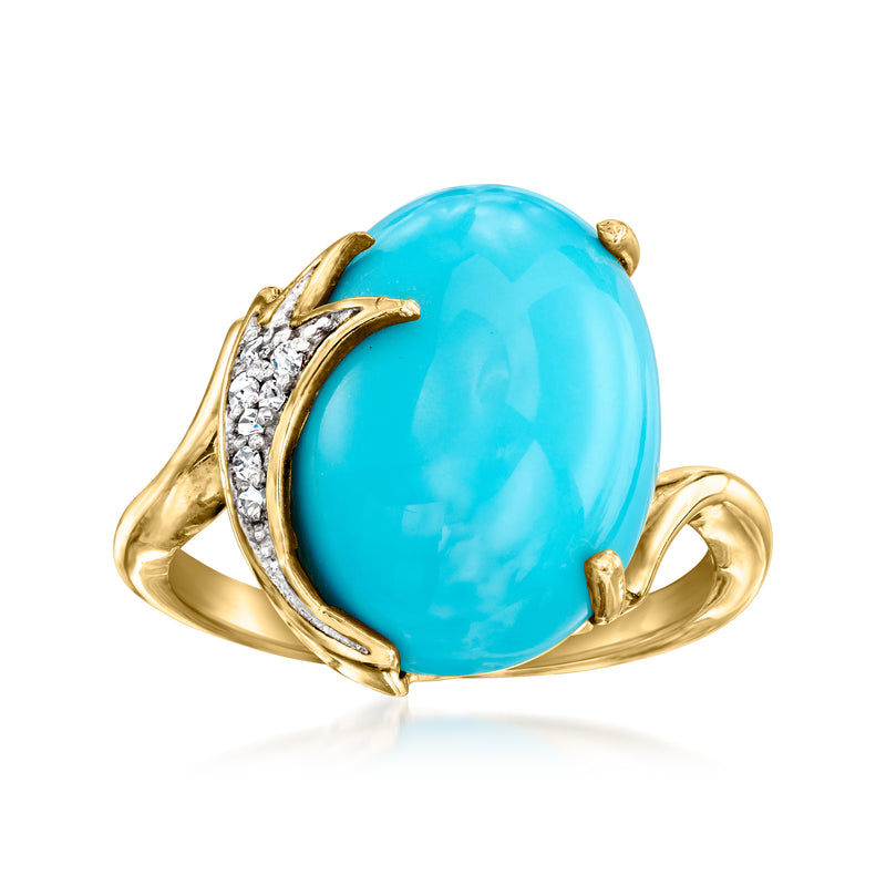 Turquoise oval gemstone ring in gold-tone with diamond accents, open-work band