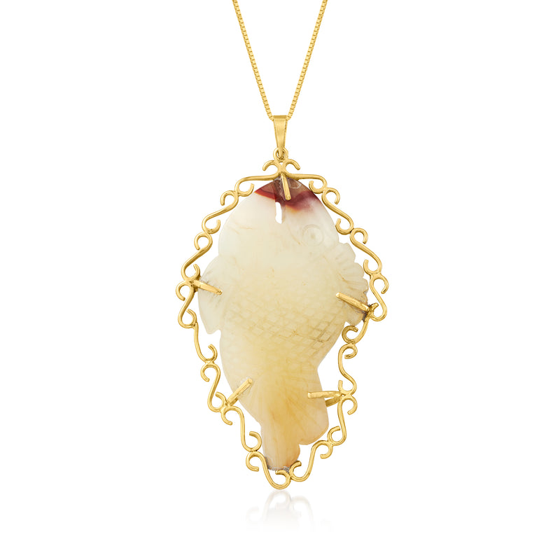 14kt yellow gold jade fish pendant necklace with pale carved stone and filigree frame