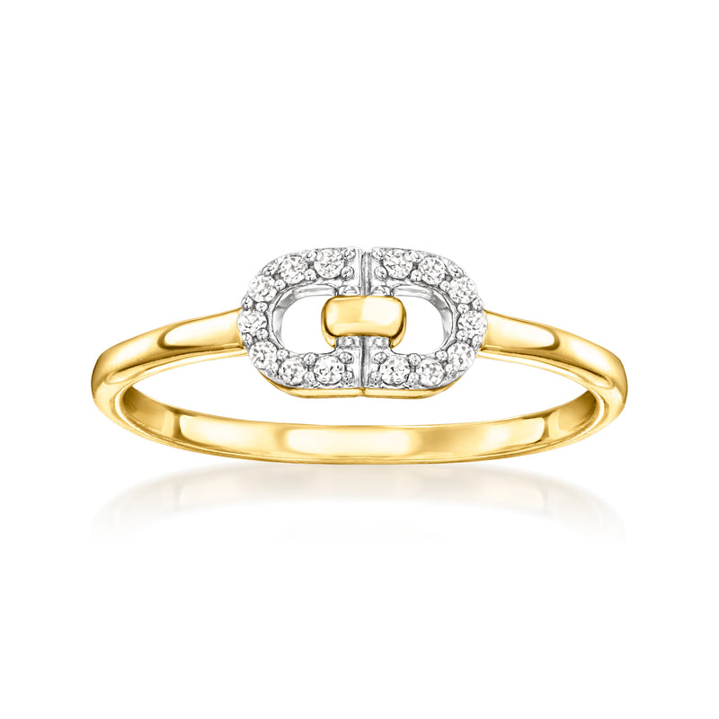 14kt yellow gold diamond paper clip link ring with pavé diamond link top
