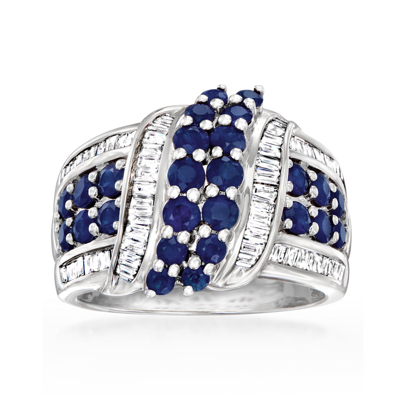 Sterling silver ring with blue sapphire cluster and diamond accents
