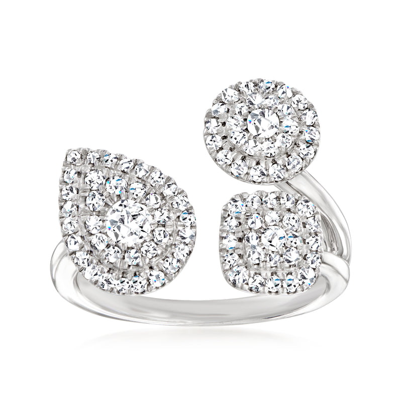 Sterling silver bypass ring with diamond cluster ovals and polished prongs