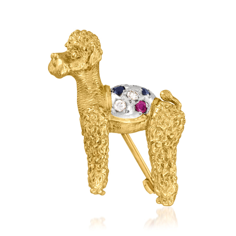 Vintage poodle pin in 18kt yellow gold with round purple gemstone, diamond accents