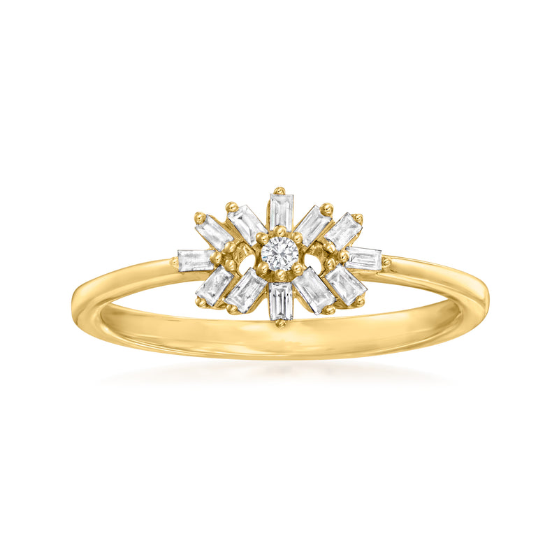 14kt yellow gold diamond flower ring with round center stone and baguette side stones