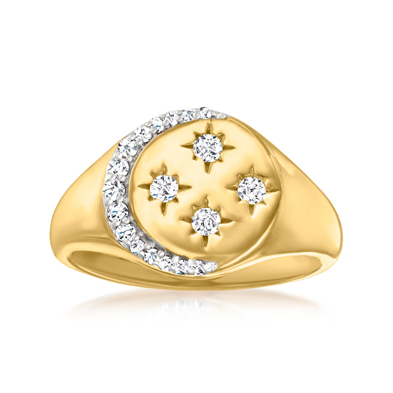 18kt gold over sterling signet ring with celestial starburst and round diamond accents