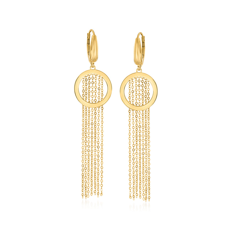 14kt yellow gold open-work circle fringe drop earrings, leverback with tassel chains