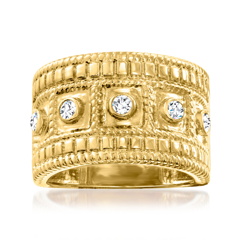 Aztec-style diamond ring in gold over sterling, three round clear stones