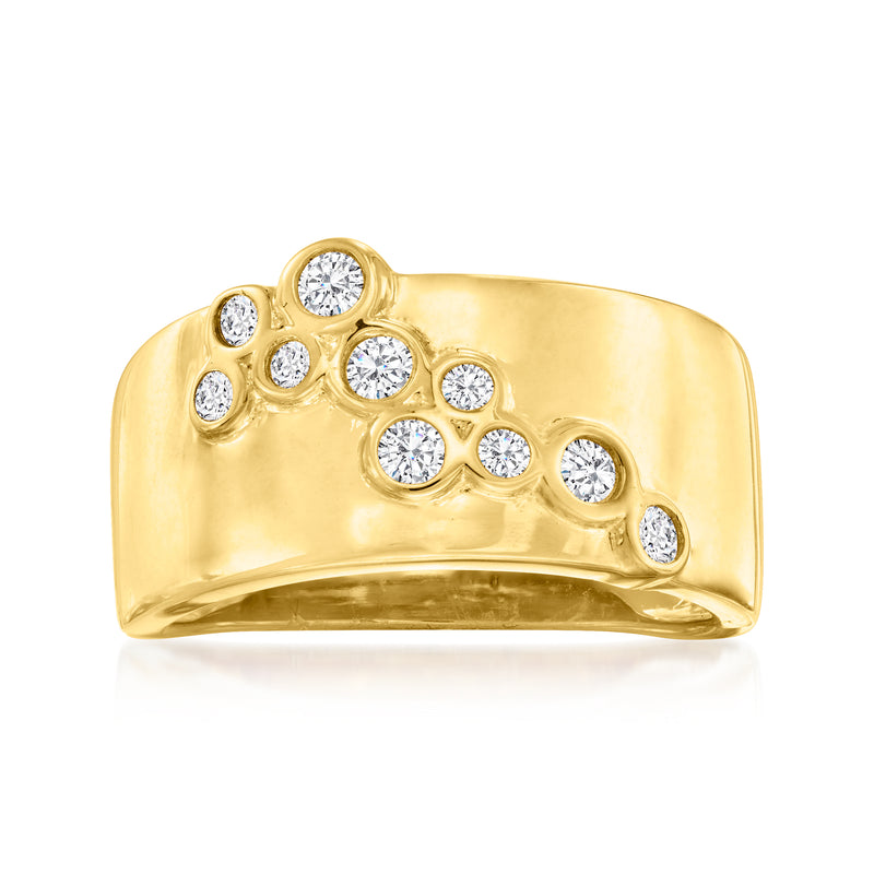 Gold bubble ring with round diamond-like stones in a clustered top row