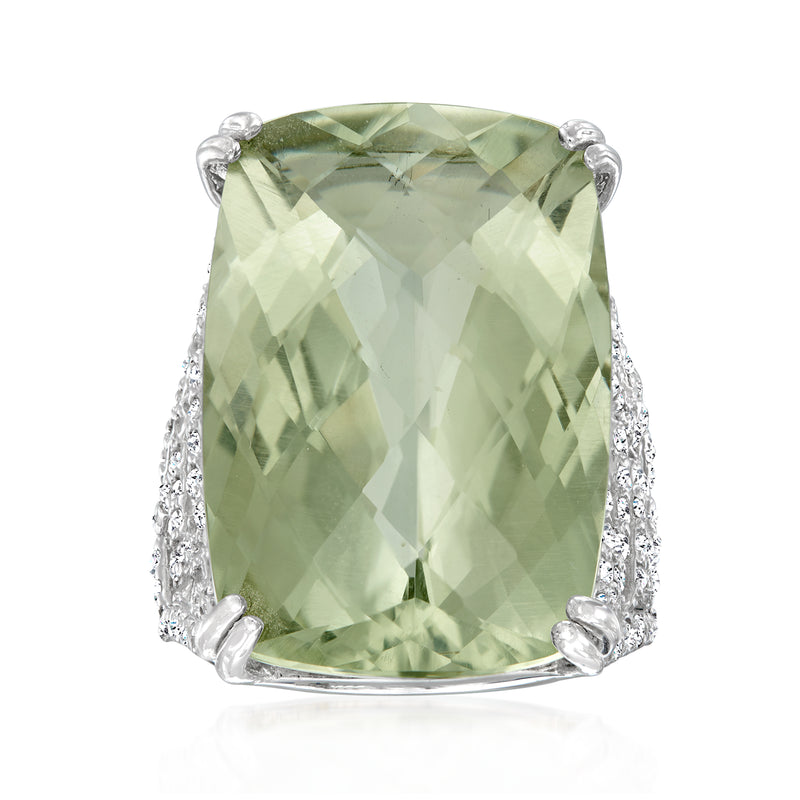 Sterling silver ring with large faceted prasiolite and white zircon accents