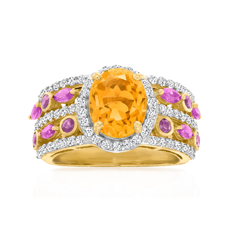 Gold ring with oval citrine, white zircon halo, purple rhodolite accents