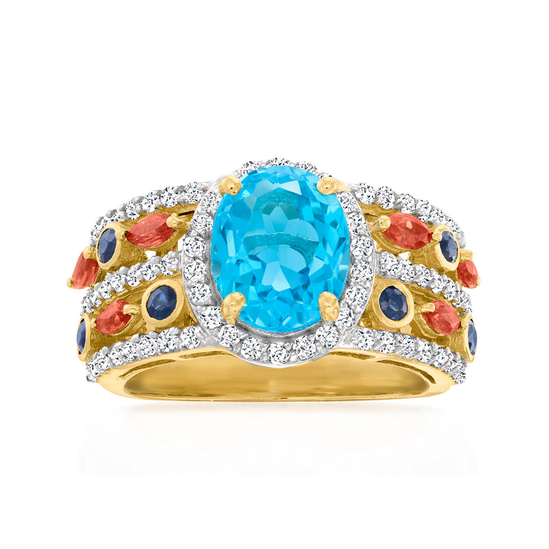 18kt gold ring with oval Swiss blue topaz center, diamond halo, blue and orange gemstones