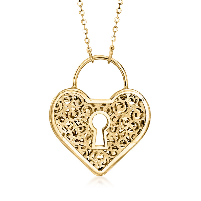 Yellow gold heart padlock necklace pendant with filigree and keyhole detail