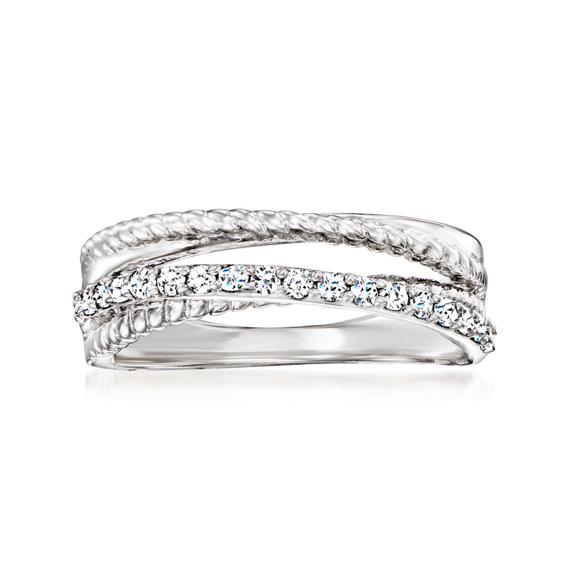 Sterling silver diamond highway ring with braided bands and center pavé row