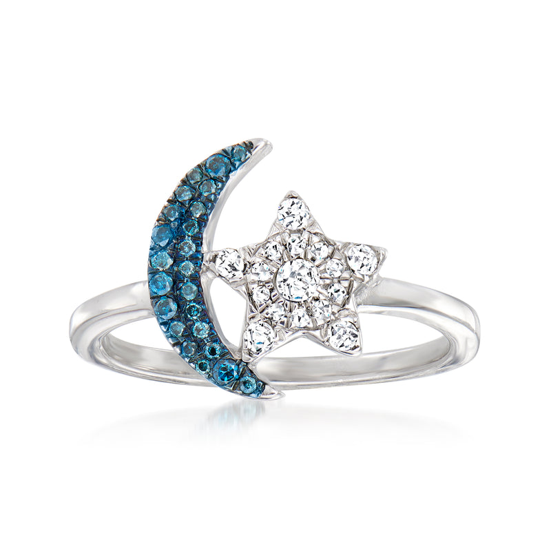 Sterling silver diamond moon and star ring with blue crescent and white stone star