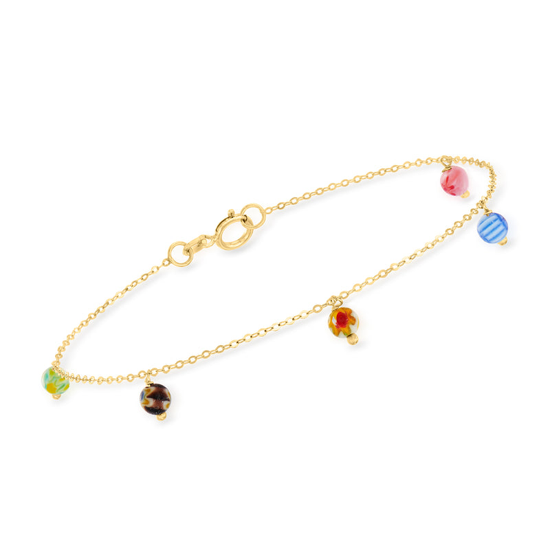 14kt yellow gold charm bracelet with multicolored Murano glass bead flower charms