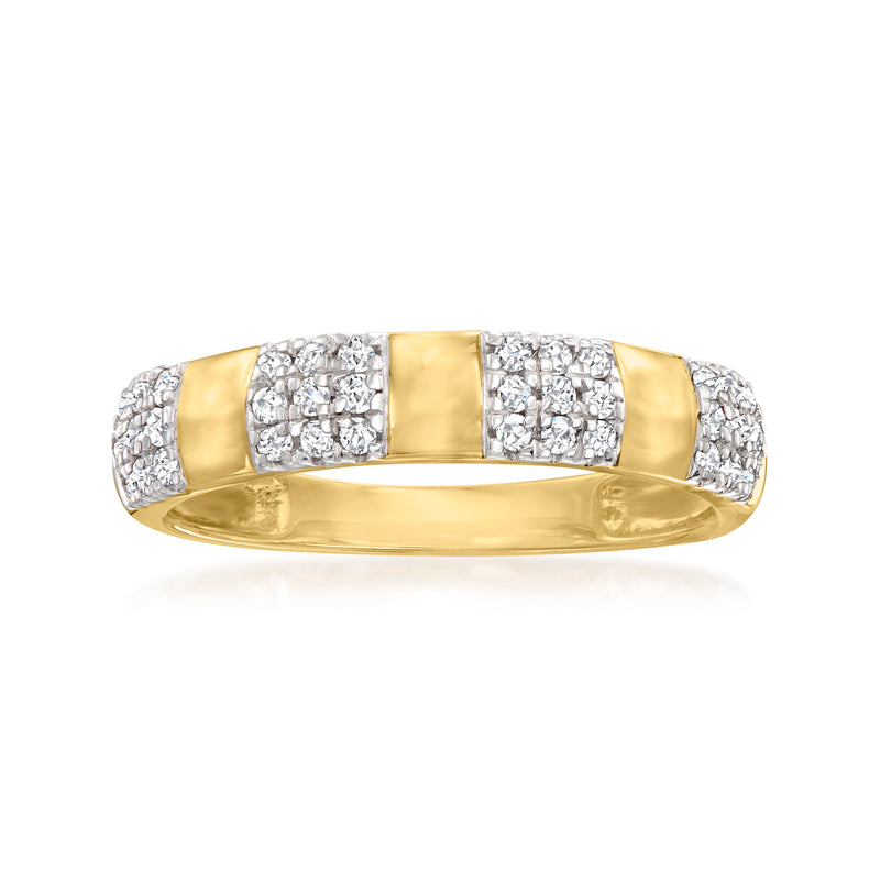 14kt yellow gold diamond pave ring with three square diamond clusters across the band