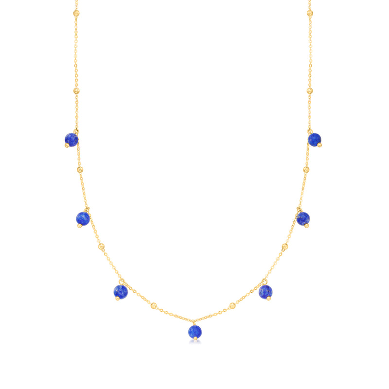 14kt yellow gold lapis bead station necklace with blue round bead stations