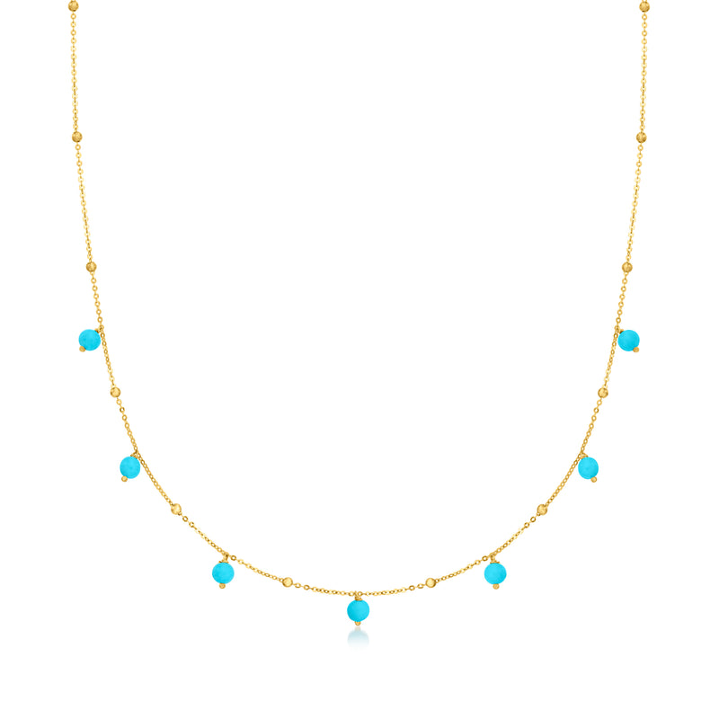 14kt yellow gold bead station necklace with turquoise-colored round beads