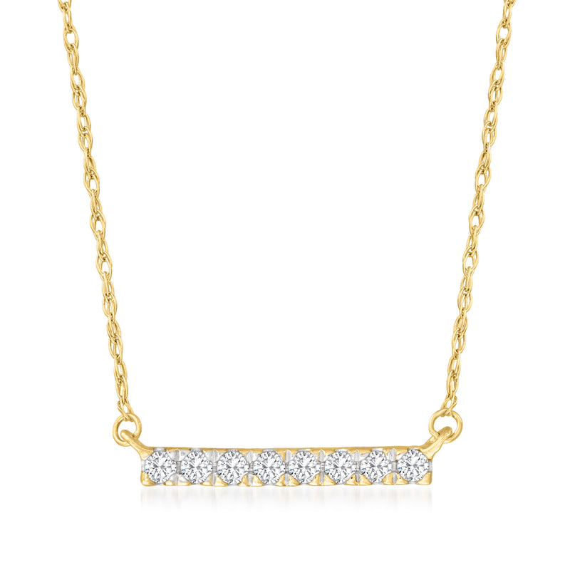 14kt yellow gold diamond bar necklace with round stones in a straight row