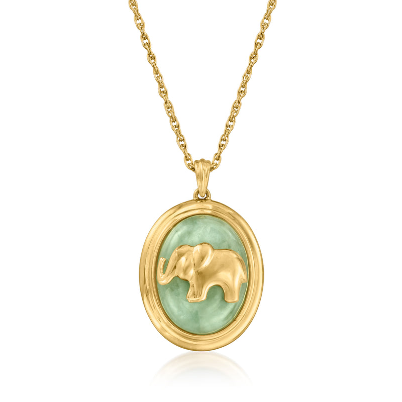 Gold over sterling pendant necklace with oval jade background and elephant charm