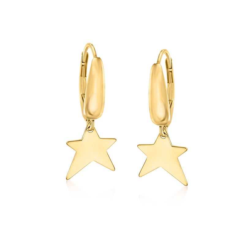 14kt yellow gold star drop leverback earrings with hinged hoop and five-point star