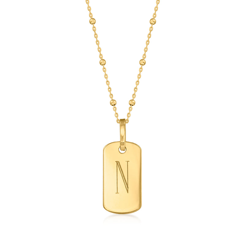 Yellow gold tag pendant necklace with engraved initial, 14kt