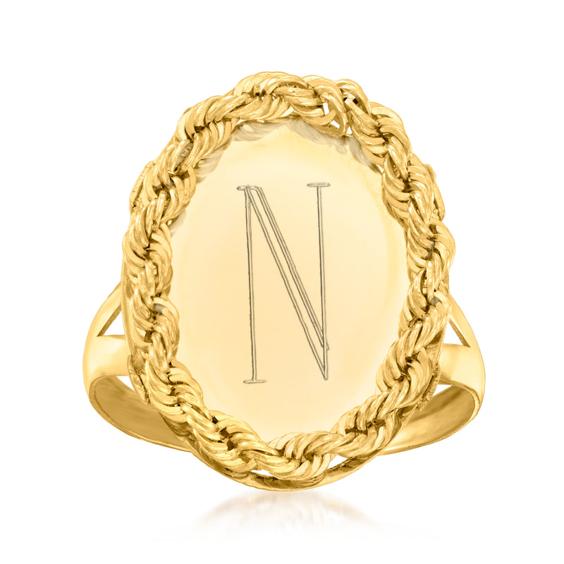 14kt yellow gold personalized ring with braided rope oval frame and engraved initial