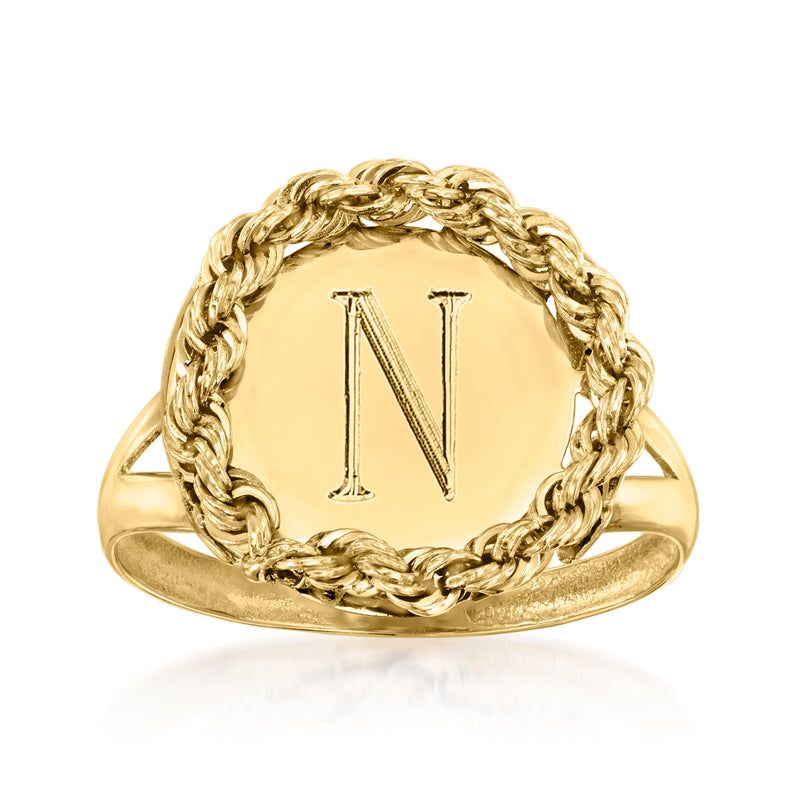 14k yellow gold personalized roped-circle ring with engraved letter N
