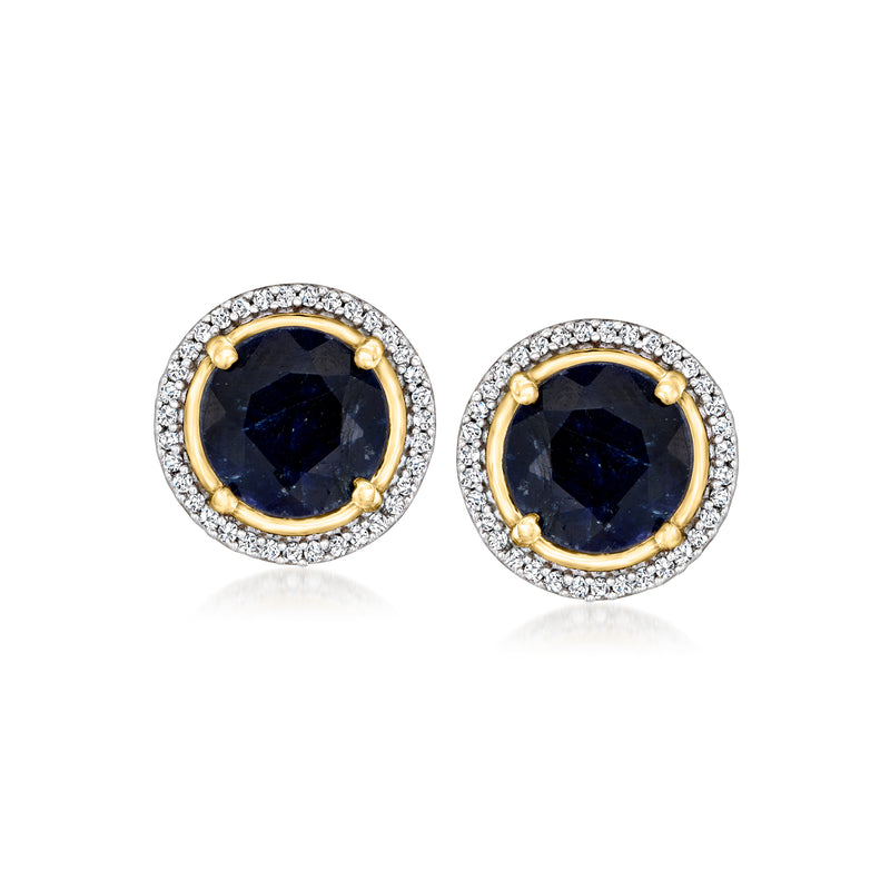 Round sapphire post earrings with diamond halo and 18kt gold over sterling setting