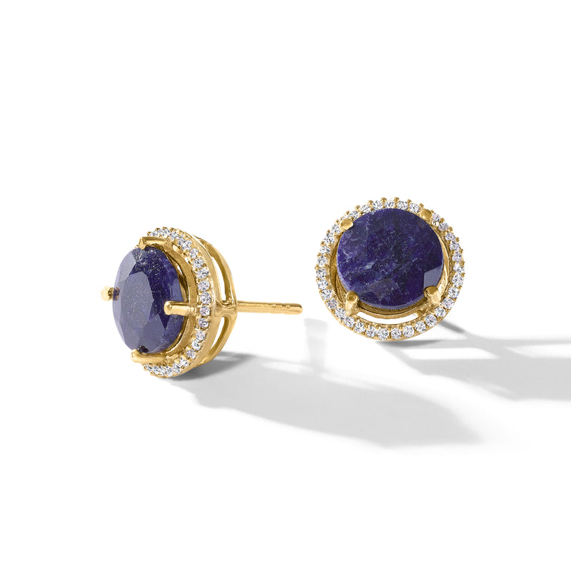 Sapphire and diamond halo stud earrings on gold post, shown side angle