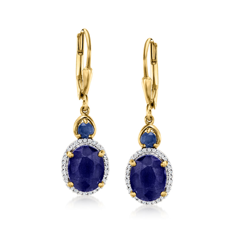 Sapphire and diamond drop leverback earrings in gold with oval blue center stones