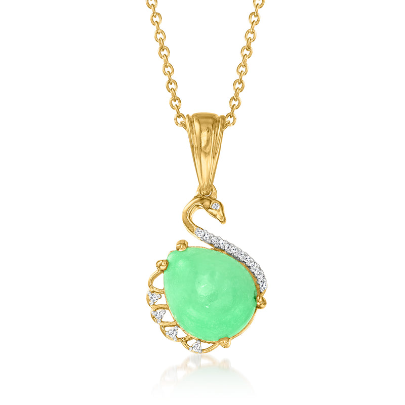 Jade-green teardrop swan pendant necklace in gold with diamond accents