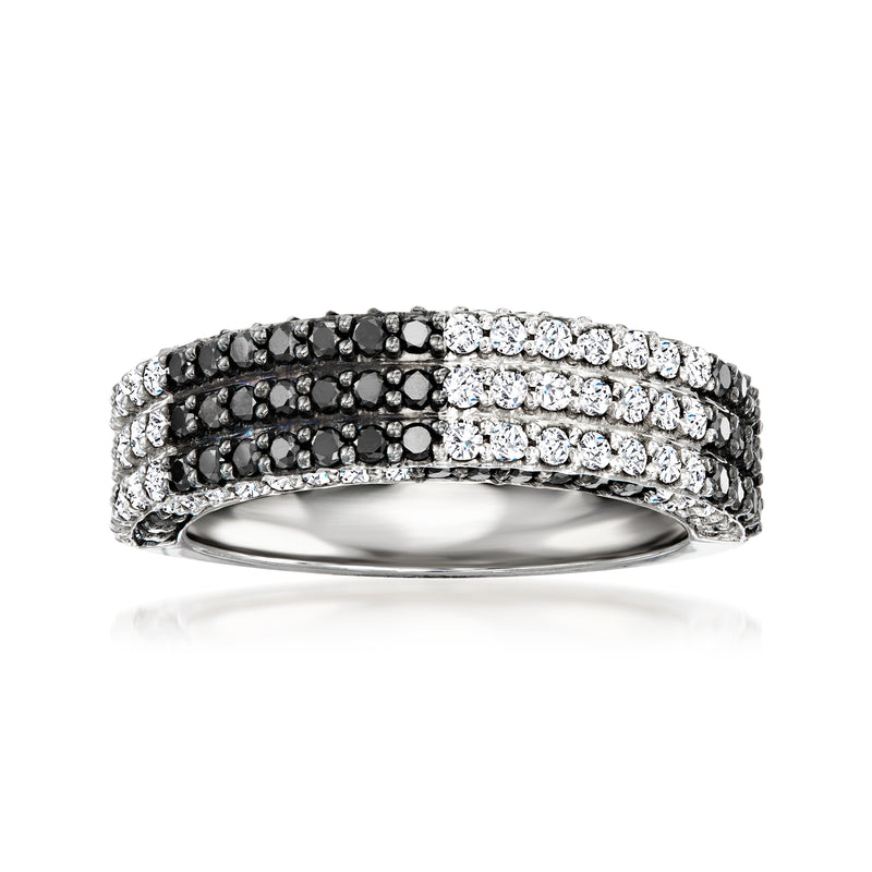 Sterling silver diamond checkered ring with white and black stones, full band view