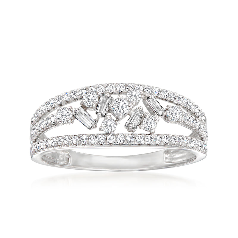 Sterling silver three-row diamond ring with round and baguette stones