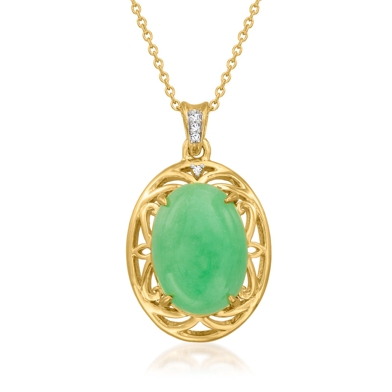 18kt gold over sterling jade oval pendant necklace with diamond-accent bail