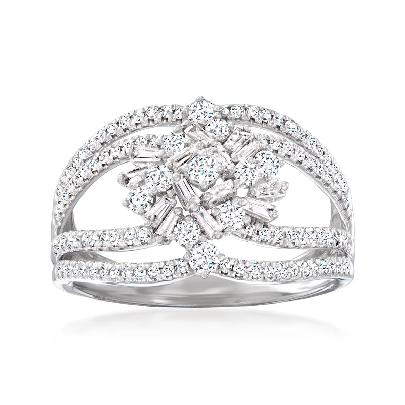 14kt white gold diamond cluster ring with baguette and round stones, polished band