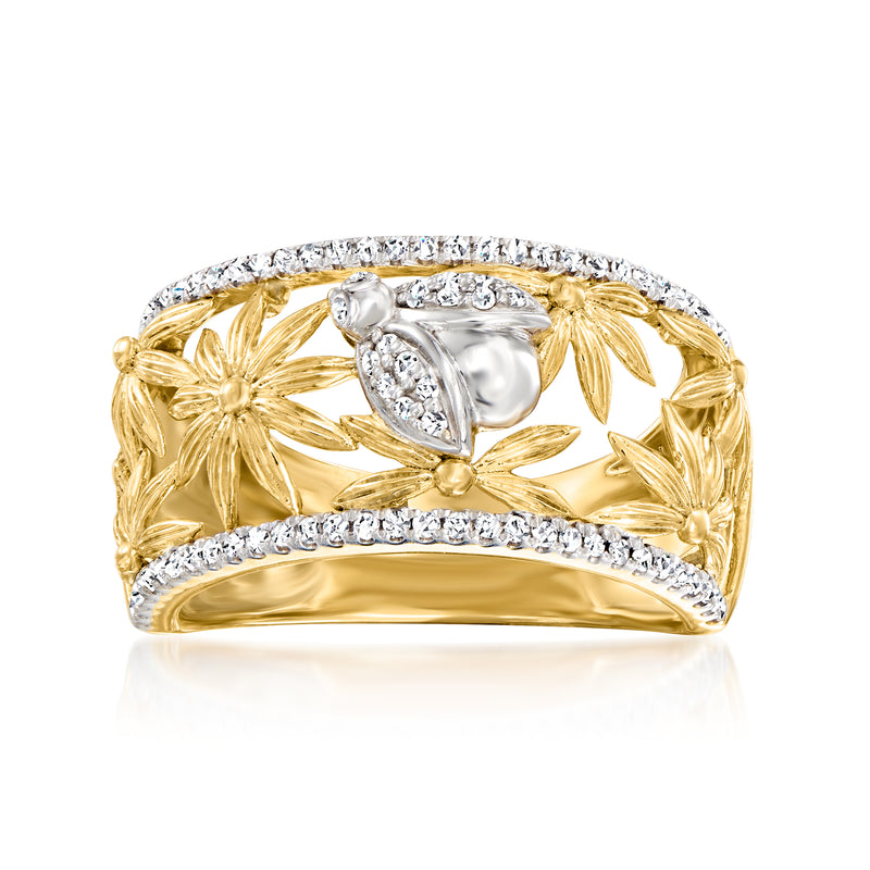 Two-tone open-space gold ring with diamond accents, sunflower leaves and ladybug motif