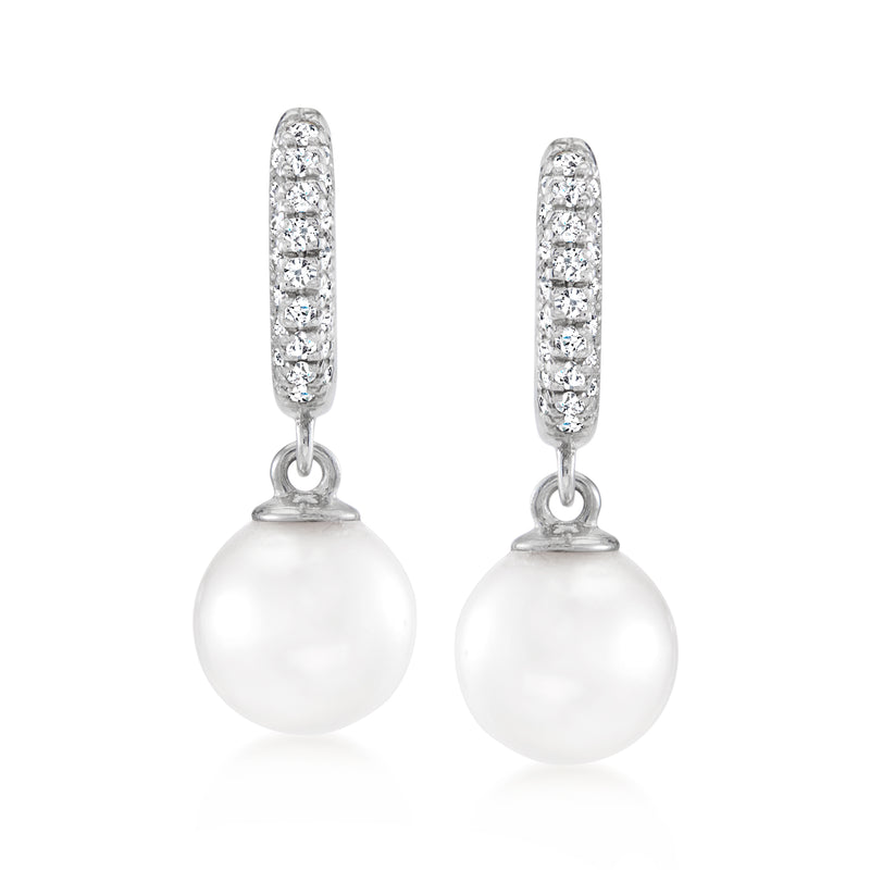 White gold hoop drop earrings with round cultured akoya pearl and diamond accents